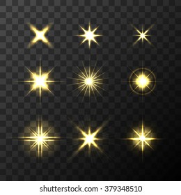 Set of Vector glowing light effect stars bursts on transparent background. Transparent stars.