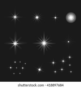 Set of Vector glowing light effect stars bursts with sparkles on black background. Stars background. 