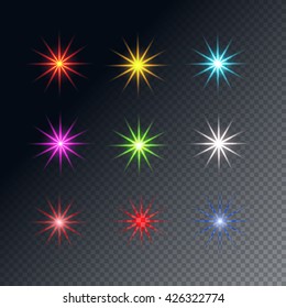 Set of Vector glowing light effect stars bursts with sparkles on transparent background. Transparent stars.