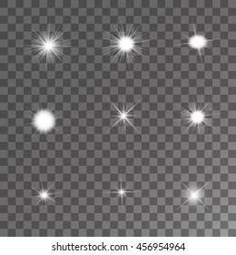 Set of Vector glowing light effect stars bursts with sparkles on transparent background. Transparent stars.