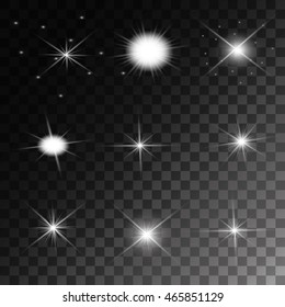 Set of Vector glowing light effect stars bursts with sparkles on transparent background. Transparent stars.