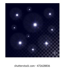 Set of Vector glowing light effect stars bursts on transparent background. Transparent stars. Abstract colorful background.