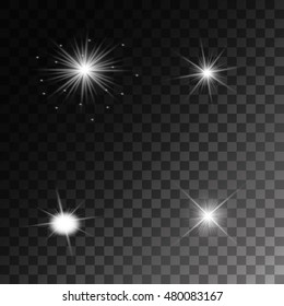 Set of Vector glowing light effect stars bursts with sparkles on transparent background. Transparent stars.