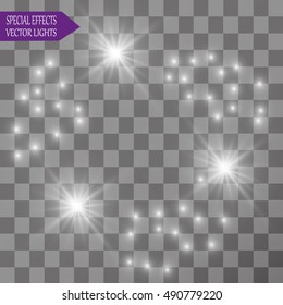 Set of Vector glowing light effect stars bursts with sparkles on transparent background. Transparent stars.