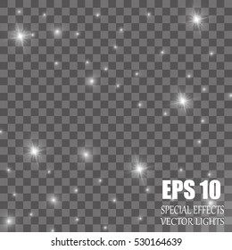Set of Vector glowing light effect stars bursts with sparkles on transparent background. Transparent stars.