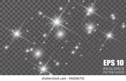 Set of Vector glowing light effect stars bursts with sparkles on transparent background.