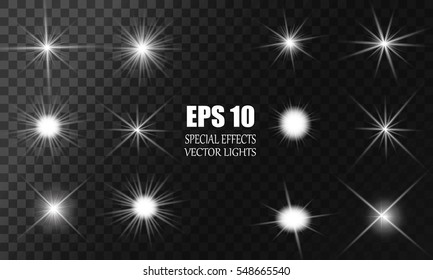 Set of Vector glowing light effect stars bursts with sparkles on transparent background.