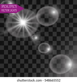 Set of Vector glowing light effect stars bursts with sparkles on transparent background.