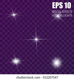 Set of Vector glowing light effect stars bursts with sparkles on transparent background. Transparent stars.
