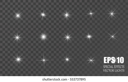 Set of Vector glowing light effect stars bursts with sparkles on transparent background. 