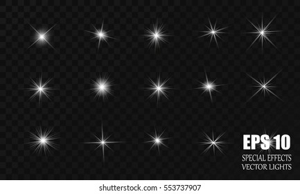 Set of Vector glowing light effect stars bursts with sparkles on transparent background. 