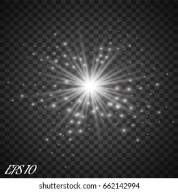 Set of Vector glowing light effect stars bursts with sparkles on transparent background.