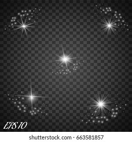 Set of Vector glowing light effect stars bursts with sparkles on transparent background.