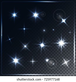 Set of Vector glowing light effect stars bursts on transparent background. Transparent stars