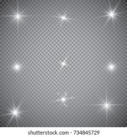 Set of Vector glowing light effect stars bursts with sparkles on transparent background. Transparent stars.