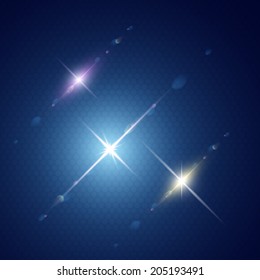 Set of Vector glowing light with lens effect in stars form.