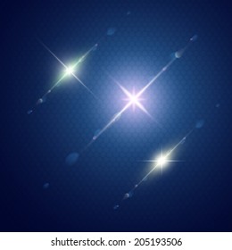 Set of Vector glowing light with lens effect in stars form.