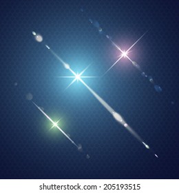 Set of Vector glowing light with lens effect in stars form.