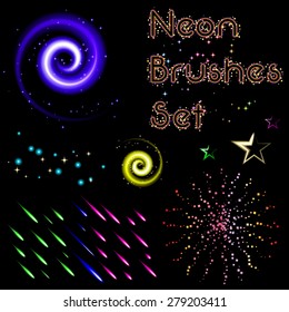 Set of Vector Glowing Neon Brushes for Your Design on Dark Background with Stroke Colorization
