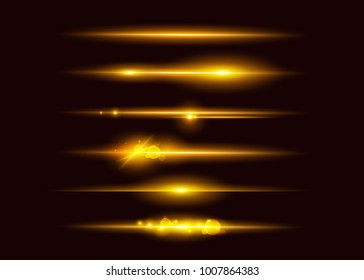 Set of Vector Glowing Neon Light Effects. Abstract Golden Line with Radiance and Bokeh Effect. UI Design Element. Transparent Lens Flare. Futuristic Vibrant Glow for Game Design, Banner, Frame, Button