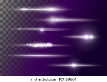 Set of Vector Glowing Neon Light Effects. Abstract White Line with Radiance and Bokeh Effect. UI Design Element. Transparent Lens Flare. Futuristic Vibrant Glow for Game Design, Banner, Frame, Button.