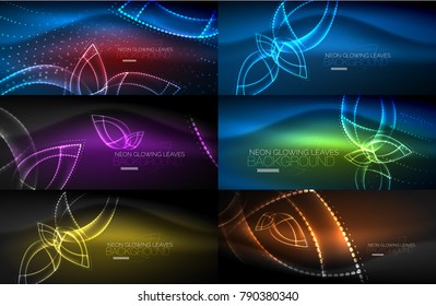 Set of vector glowing neon light leaves abstract background designs
