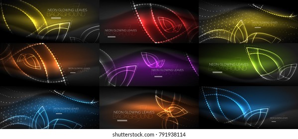 Set of vector glowing neon light leaves abstract background designs