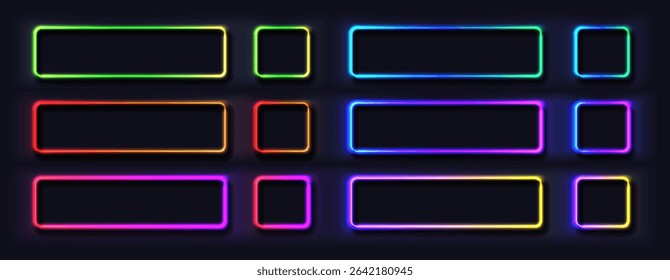 Set of vector glowing neon rectangular frame buttons in blue, viole, pink, rounded neon border shape. Futuristic  sci-fi graphic element.