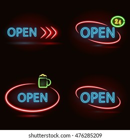 Set of vector glowing neon signs with word Open. Signs include 24 hours, bar, mug, arrows.