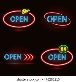 Set of vector glowing neon signs with word Open. Signs include 24 hours, bar, arrows.