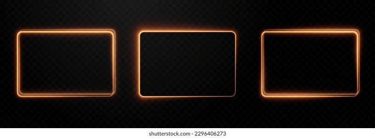 Set of vector glowing rectangular png frames. Magic glow frame. Neon frame, neon light png. Light effect png.