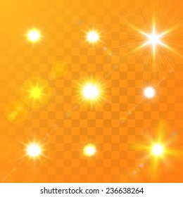 Set of Vector glowing sun light effect with sparkles on orange transparent background. 