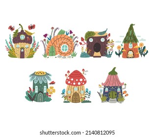 Set vector gnome forest houses. Fairy tree elf dwarf magic village. Mushroom flower acorn stump home doodle hand drawn naive art isolated building element