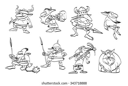 A set of vector goblins illustrations. Line drawings