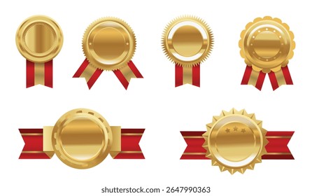 Set of vector gold badges with various ribbon styles in red, used for labeling premium content, certificates, awards, branding, or top-ranking visual elements