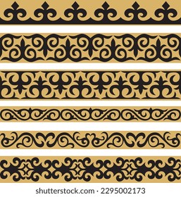 Set of vector gold and black seamless Kazakh national ornament. Ethnic pattern of the nomadic peoples of the great steppe, the Turks. Border, frame Mongols, Kyrgyz, Buryats, Kalmyks.
