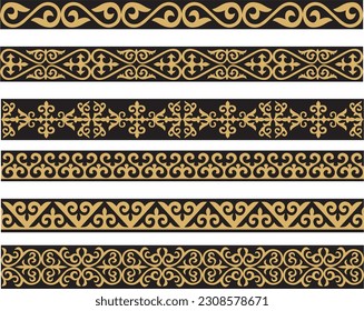 Set of vector gold and black seamless Kazakh national ornament. Ethnic pattern of the nomadic peoples of the great steppe, the Turks. Border, frame Mongols, Kyrgyz, Buryats, Kalmyks.
