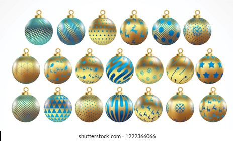 Set of vector gold and blue christmas balls with ornaments. golden collection isolated realistic decorations. Vector illustration on white background.