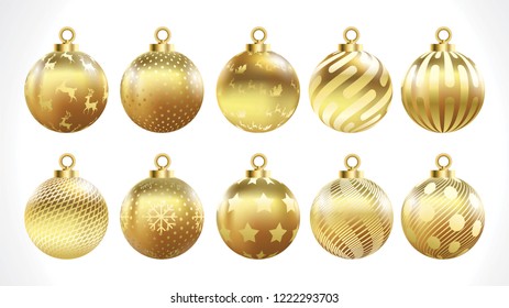 Set of vector gold christmas balls with ornaments. golden collection isolated realistic decorations. Vector illustration on white background.