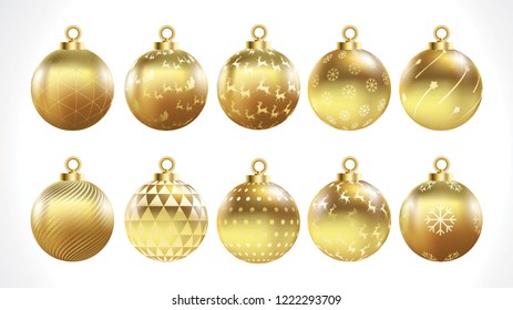 Set of vector gold christmas balls with ornaments. golden collection isolated realistic decorations. Vector illustration on white background.