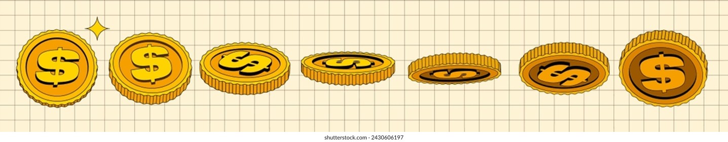 Set of vector gold coins in flat cartoon style. Isolated illustration of currency or dollar. Applicable for gambling games, jackpot, bank, financial illustration or banners. At the yellow background.