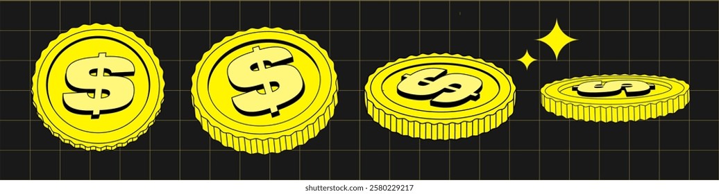 Set of vector gold coins in flat cartoon style. Isolated illustration of currency or dollar. Applicable for gambling games, jackpot, bank, financial illustration or banners. At the Dark background.