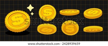 Set of vector gold coins in flat cartoon style. Isolated illustration of currency or dollar. Applicable for gambling games, jackpot, bank, financial illustration or banners. At the black background.