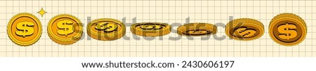 Set of vector gold coins in flat cartoon style. Isolated illustration of currency or dollar. Applicable for gambling games, jackpot, bank, financial illustration or banners. At the yellow background.