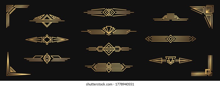 Set of vector gold dividers. Isolated Art Deco corners and borders for design