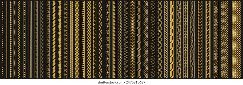 Set of vector Gold ethnic seamless pattern. Ornament bracelet in maori tattoo style. Geometric border african style. Vertical pattern. Design for home decor, Gold chain. Golden metal border.