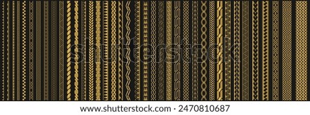 Set of vector Gold ethnic seamless pattern. Ornament bracelet in maori tattoo style. Geometric border african style. Vertical pattern. Design for home decor, Gold chain. Golden metal border.