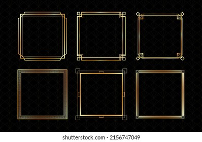 Set of vector gold frames. Art Deco square frames collection on dark background