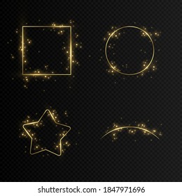 Set of vector gold frames. Glowing golden frames on an isolated transparent background. Christmas frames. Magic glow.