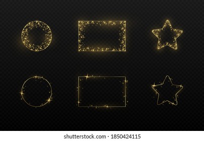 Set of vector gold frames. Glowing golden frames on an isolated transparent background. Christmas frames. Magic glow.
